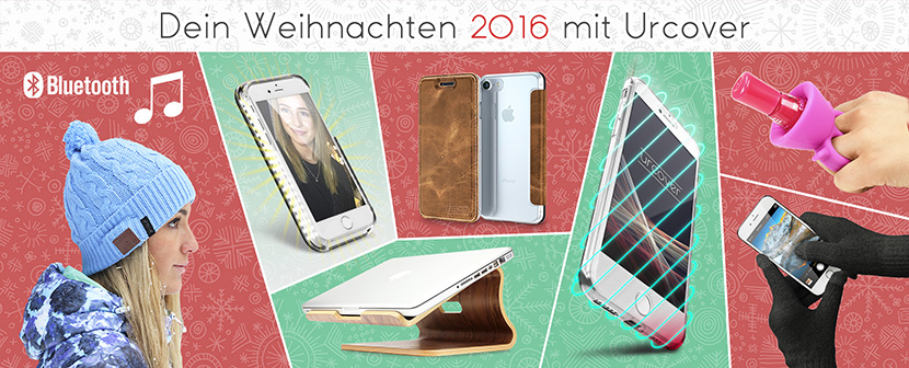 Weihnachtsgrafik mit BT-Wintermütze, LED Selfie-Case, 360°-Schutzhülle, Touch-Handschuhe, Nagellackhalter, Ledercase